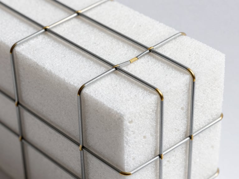 Macro close-up of 3D panel steel wire mesh wrapping around a dense white EPS foam core, studio lighting, high contrast