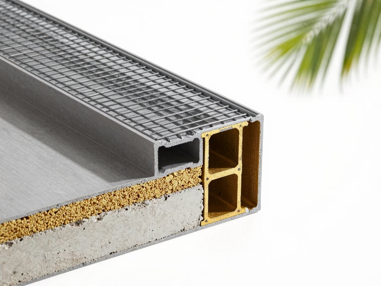 Technical cross-section diagram of a 3D structural panel, highlighting steel mesh, EPS core, and concrete shotcrete layer, clean lines, high contrast, 35mm