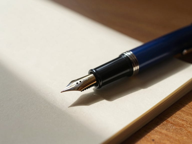 Close-up macro shot of a fountain pen resting on textured cream paper, soft natural morning light casting long shadows across a wooden desk, warm editorial photography, shallow depth of field, 35mm