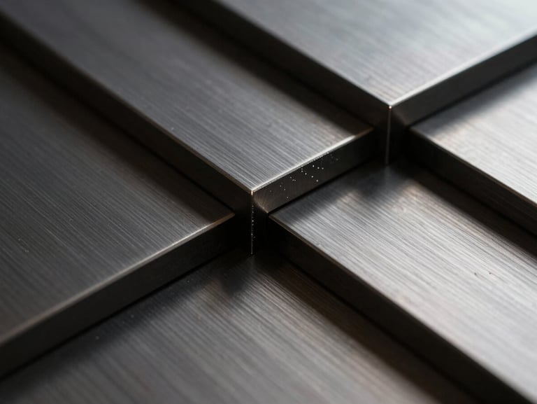 Extreme close-up of high-quality tactile materials, brushed dark metal plates meeting with razor-sharp seams, cool-toned studio lighting, sharp shadows.