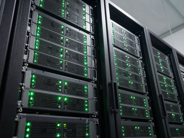 Immaculately organized enterprise server rack with glowing emerald green status lights, shot from a low technical angle in a secure data center.