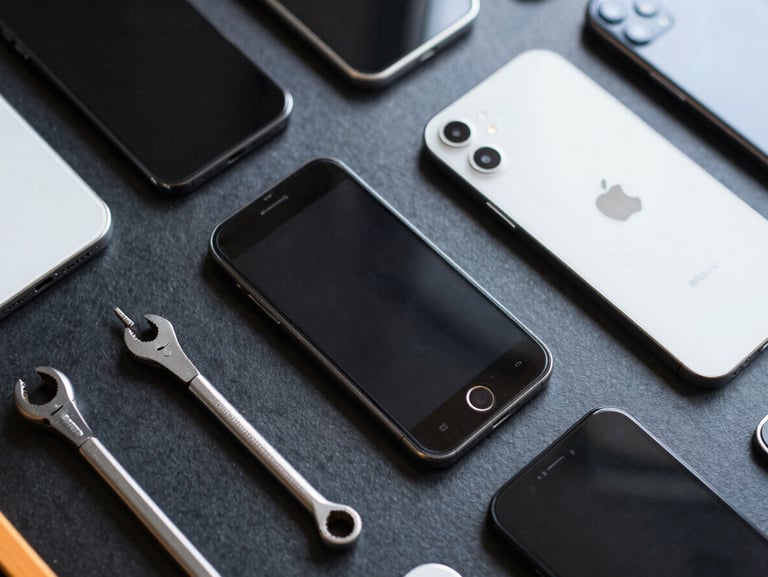 Crisp top-down flat lay of organized refurbished smartphones and repair tools on a clean dark slate workbench
