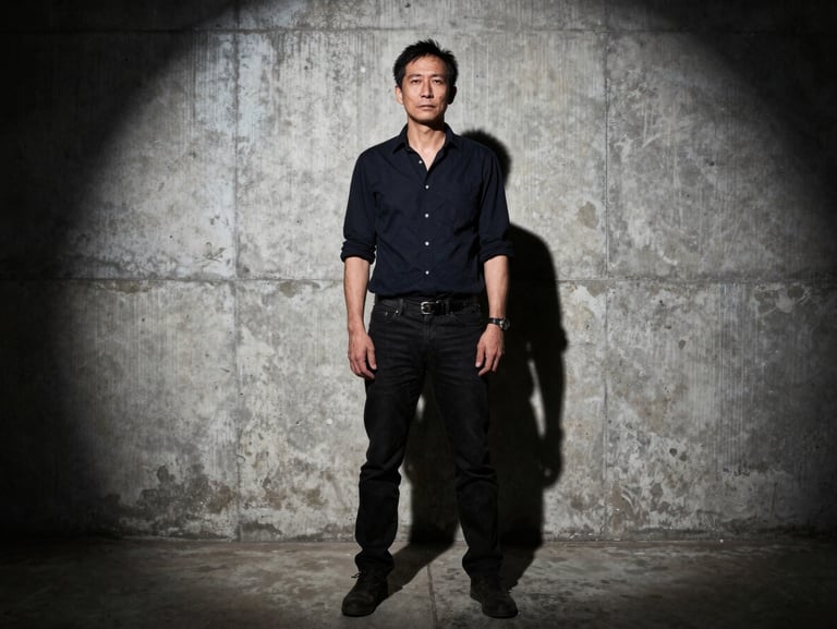 Stark environmental portrait of the creator standing in a concrete warehouse, harsh direct flash, dramatic shadows.
