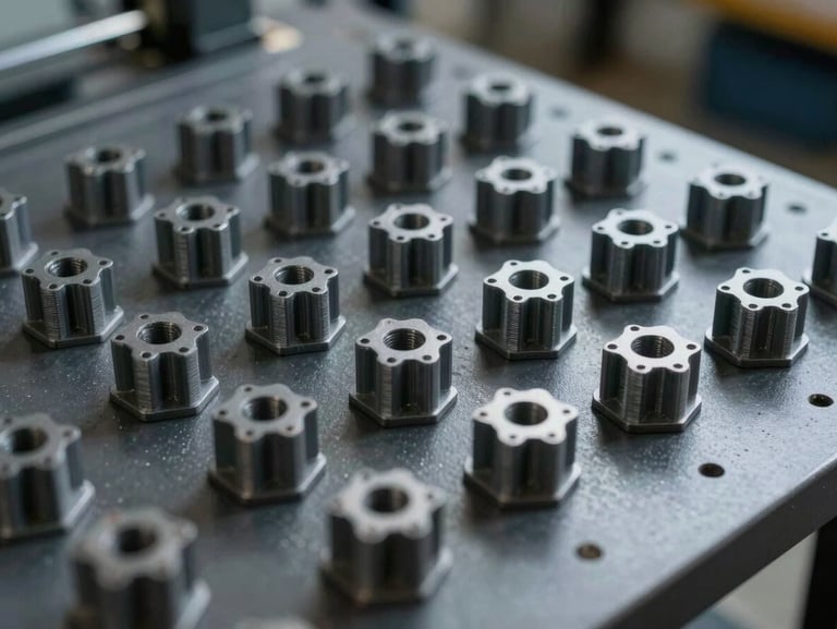 Lote de piezas de ingeniería impresas en 3D de alta resistencia mecánica, ordenadas sobre superficie técnica oscura.