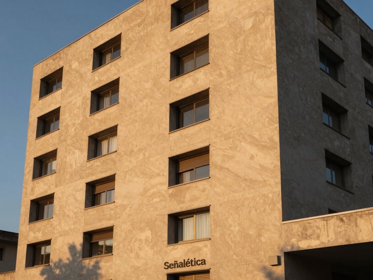 Señalética exterior de gran formato instalada en fachada de hormigón, luz dorada de atardecer, acabado impecable.