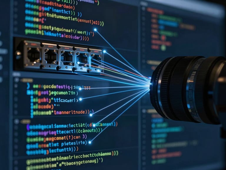 Tight macro shot of complex network interface screen showing cyber security code lines, cool-toned low-key lighting with sharp electric blue highlights.