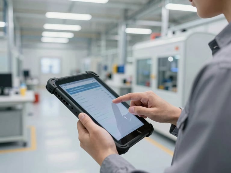 Close-up of a technician using a ruggedized tablet inside a clean modern plant, high-contrast industrial lighting.