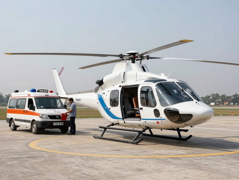 Wide shot of a clean, modern medical helicopter on an active airport tarmac in India, with an ambulance parked alongside and flight crew preparing transit equipment under bright daylight.