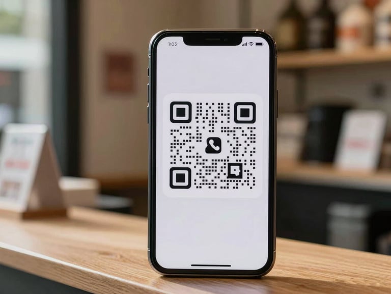 A close-up of a smartphone screen displaying a custom QR code next to a shop counter, bright natural daylight.