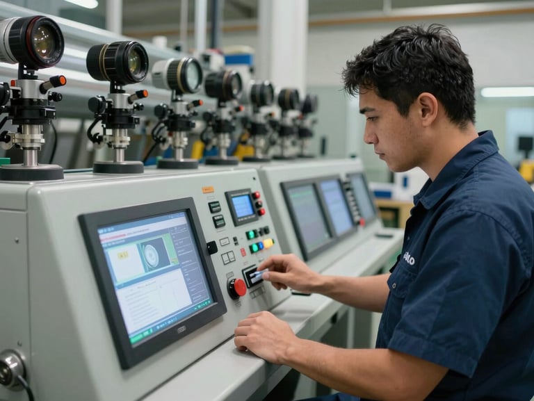 Técnico uniformizado operando painel digital de vídeo inspeção dentro de uma tubulação limpa, iluminação técnica focada, ferramentas industriais organizadas ao fundo.