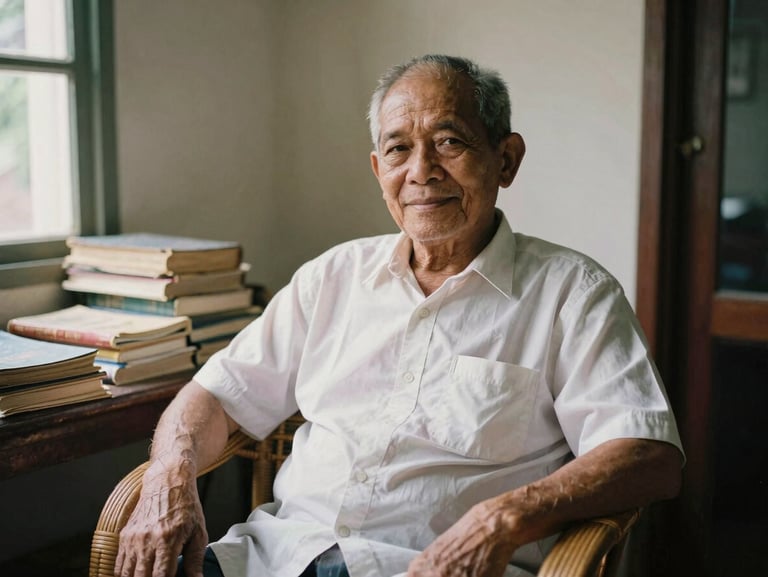 An elderly Malaysian man in a simple cotton shirt sitting on a rattan chair, smiling gently, surrounded by old books and warm ambient light, 35mm film photography