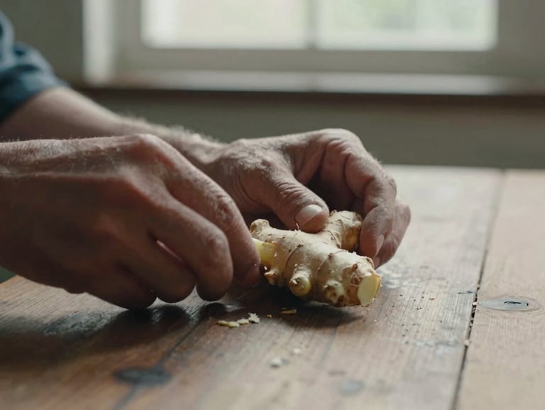 Close up of weathered hands peeling fresh ginger on a rustic wooden table, soft window light, warm muted tones, 35mm documentary film style