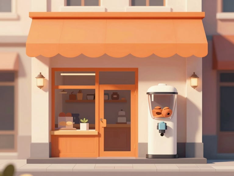 Minimalist flat vector icon of a cozy bakery storefront with a small, friendly capsule machine standing near the entrance, clean lines, orange and off-white colors.