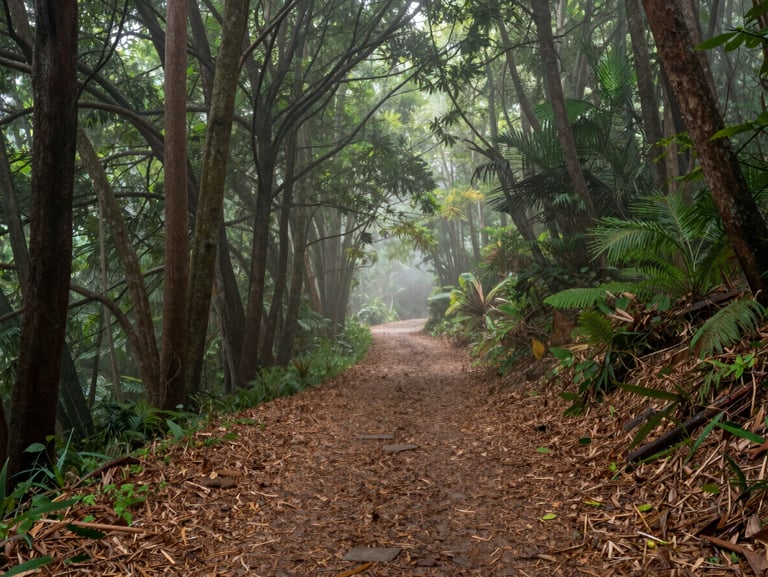 A quiet walking trail winding through a dense sandalwood grove, soft morning mist filtering through the canopy, natural wood chips on the path