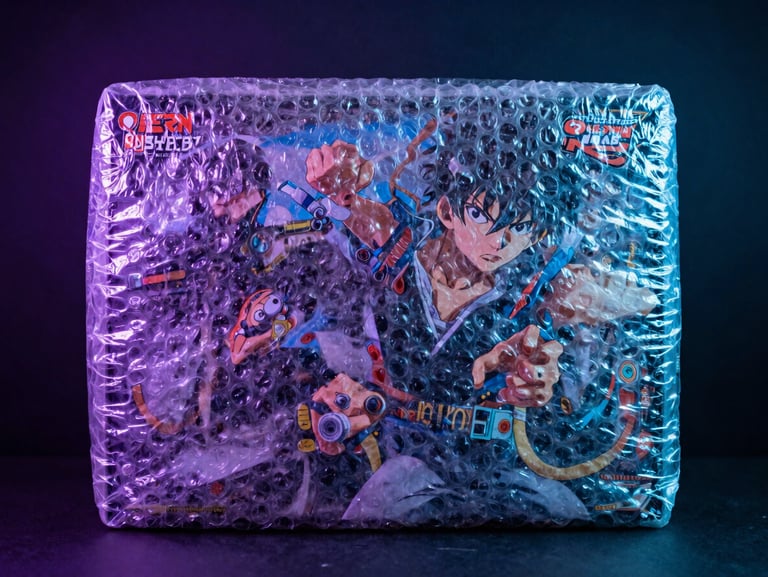 Close-up of a premium anime action box wrapped in thick layers of bubble wrap, dramatic neon purple and cyan studio lighting, dark textured background, sharp focus, 85mm lens