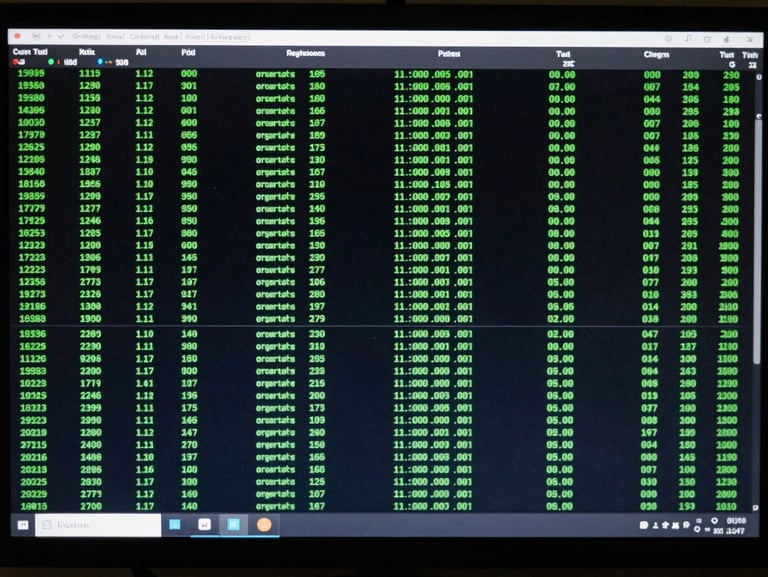 Orthographic front-facing view of a dark terminal screen displaying real-time cryptographic order book metrics and raw data streams in green monospace font