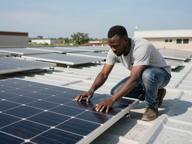 Techniciens camerounais installant des panneaux solaires photovoltaïques sur un toit industriel sous un soleil éclatant.