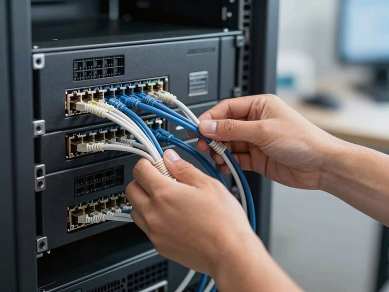 Ingénieur réseau configurant des câbles ethernet dans une baie de brassage informatique propre et moderne.