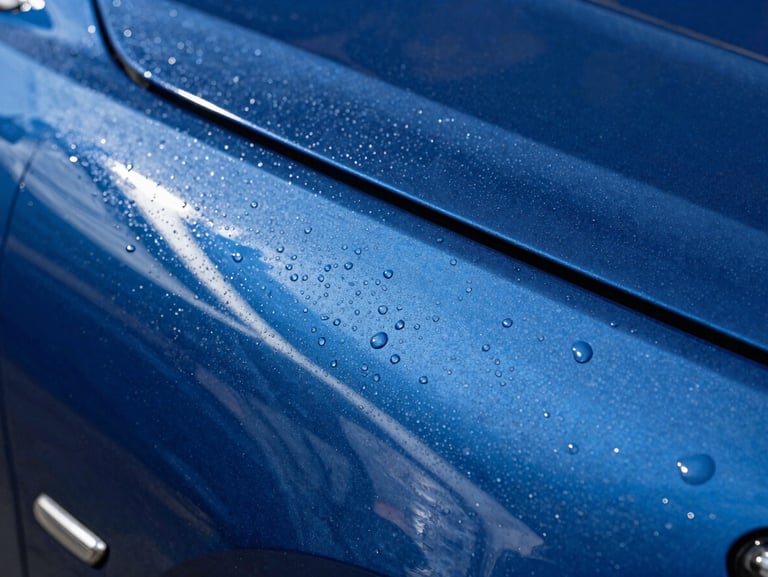 Extreme macro shot of water-beading on a freshly coated deep blue automotive panel, high-contrast studio lighting reflecting sharp lines
