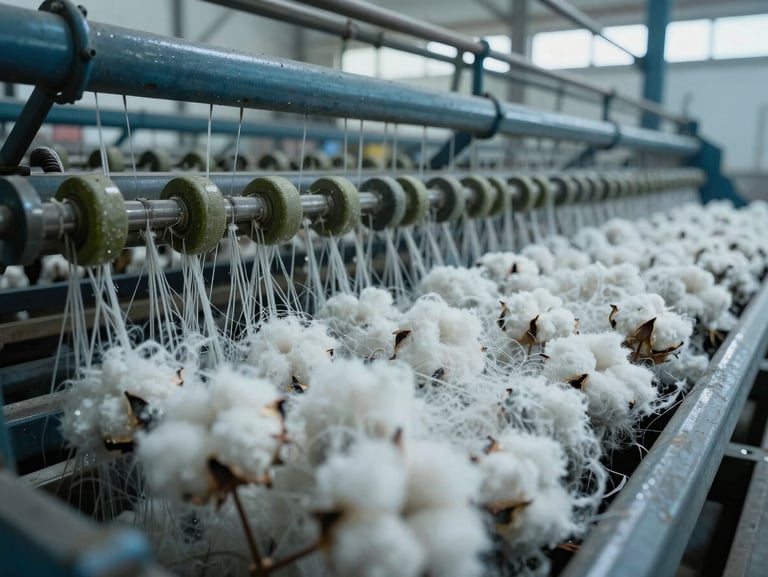 Macro detail of raw cotton fibers being processed in a modern Indian spinning mill, crisp overcast daylight, desaturated steel blue tones.