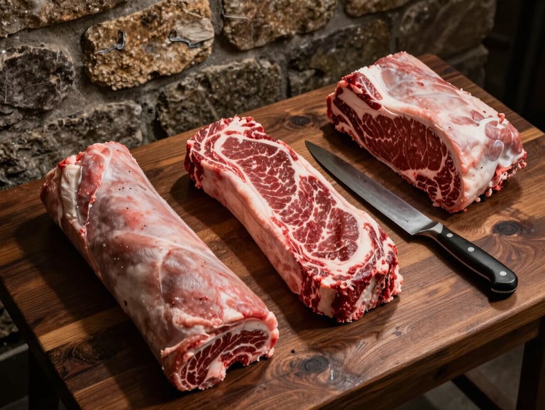 Overhead wide shot of a heavy butcher block with whole cuts of raw brisket and pork shoulder laid out on dark wood, a single boning knife resting beside them, warm tungsten light from above casting long shadows, rustic stone wall visible in background