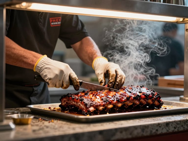 Portrait-oriented close-up of a pitmaster's gloved hands carving a whole smoked beef rib at a buffet station, heavy smoke visible in the background, warm tungsten overhead light, stone counter surface