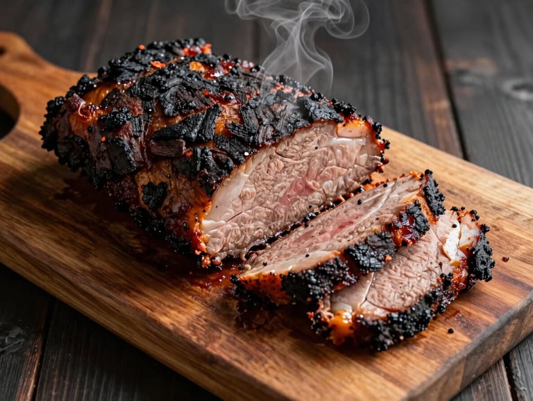 Close-up overhead shot of a whole smoked brisket sliced on a thick reclaimed-wood cutting board, rendered in warm tungsten light with charred bark visible and wisps of steam rising, dark wood grain in the background