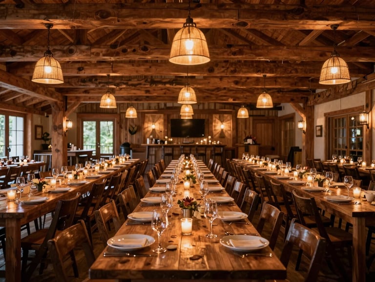 Wide-angle view of a lodge-style event table set for dinner — timber beams overhead, votives lit along the center runner, empty plates and glassware awaiting guests, warm amber light from hanging pendants, no faces visible