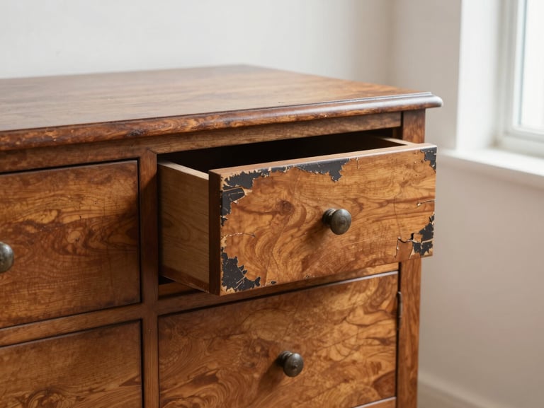 A structurally neglected, water-damaged antique walnut dresser with broken drawer runners and a peeling, dark synthetic varnish, flat sterile light