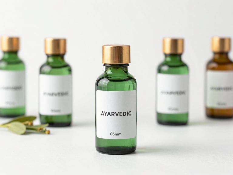 Premium editorial product photography of Ayurvedic herbal formulations in minimalist emerald glass bottles, bright studio light, soft gold accents, 85mm