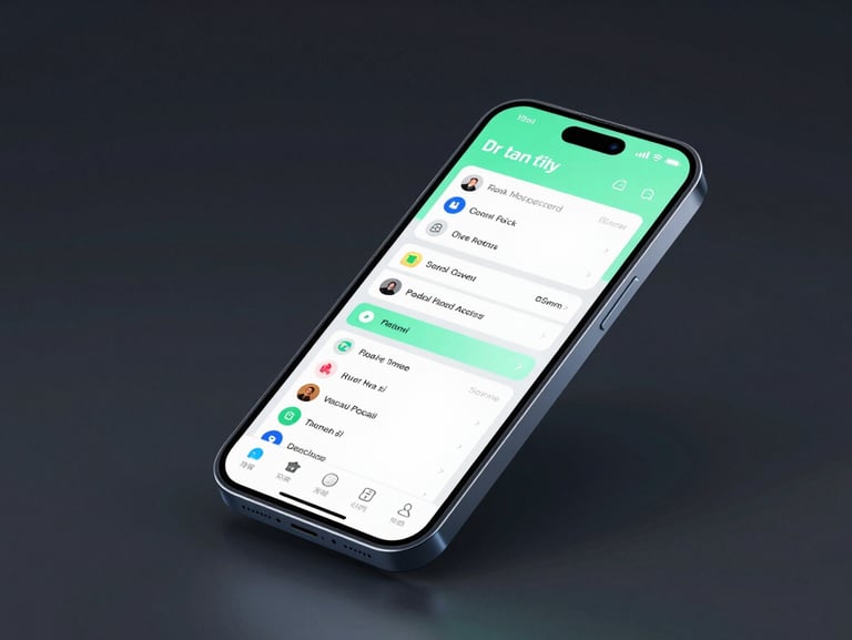 Sleek dark-mode tech photography of a high-fidelity Android phone mockup angled isometrically, displaying a productivity interface with clean task boards. Mint green accent lighting, low-key studio setup, 50mm.