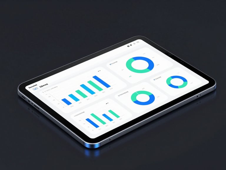 Sleek dark-mode tech photography of a high-fidelity Android tablet mockup on a dark reflective surface, displaying an educational application with vibrant, clean charts. Neon blue edge-lighting, macro 50mm lens.