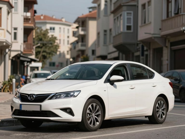 Wide shot of a clean white economy sedan parked on a Maltepe street in bright Istanbul daylight, car occupies 65% of frame, urban apartment buildings softly blurred in background, ready-to-rent feel