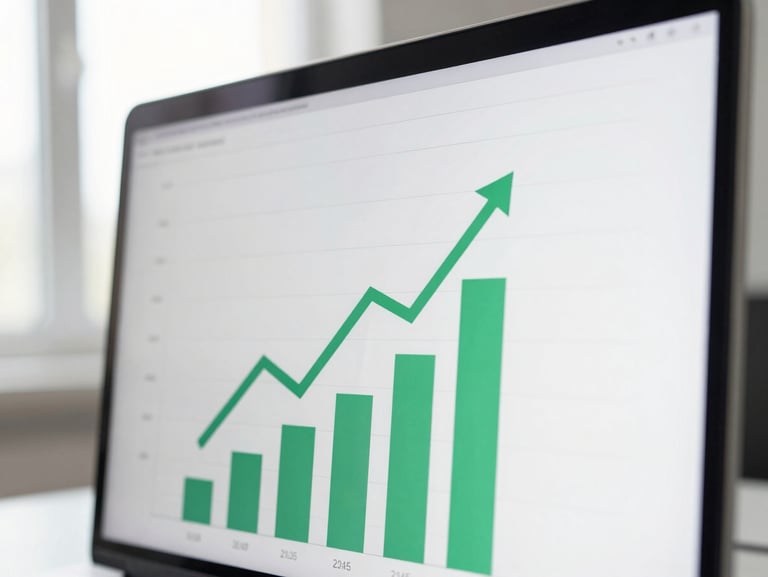 A clean minimalist financial chart with green upward-trending bars on a white screen, close-up, natural light