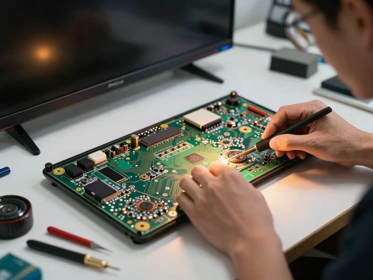 Close-up action shot of a technician repairing a modern flat-screen television panel on a clean workbench, focused warm work-light illuminating the circuitry, tools organized nearby.