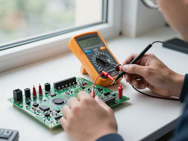 Technician using a digital multimeter to test a green television circuit board, bright natural daylight from a window, technical precision framing.