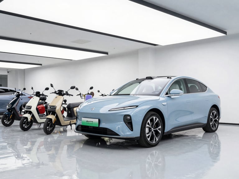 A wide-angle interior shot of a premium electric vehicle showroom, featuring polished floors, bright minimalist lighting, with electric scooters and e-rickshaws neatly aligned, professional branding visible, 50mm