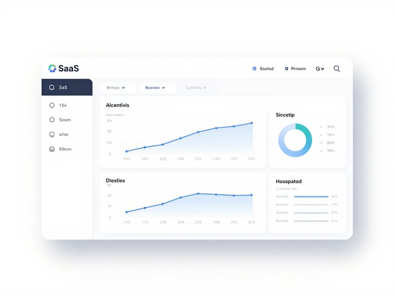 High-fidelity SaaS platform interface mockup, clean white and slate dashboard layout with detailed charts, bright high-key studio lighting