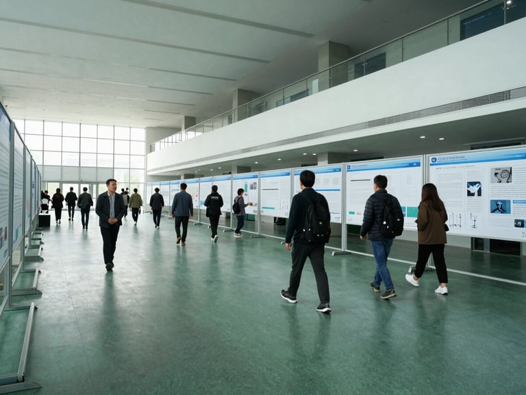Medium-wide environmental shot of a modern scientific exhibition hall interior, natural cool-toned daylight, researchers walking past poster presentations in the background, 35mm lens