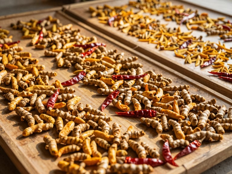 Overhead shot of traditional wooden drying mats with golden turmeric and red chilies drying under warm sun, soft shadows, 35mm