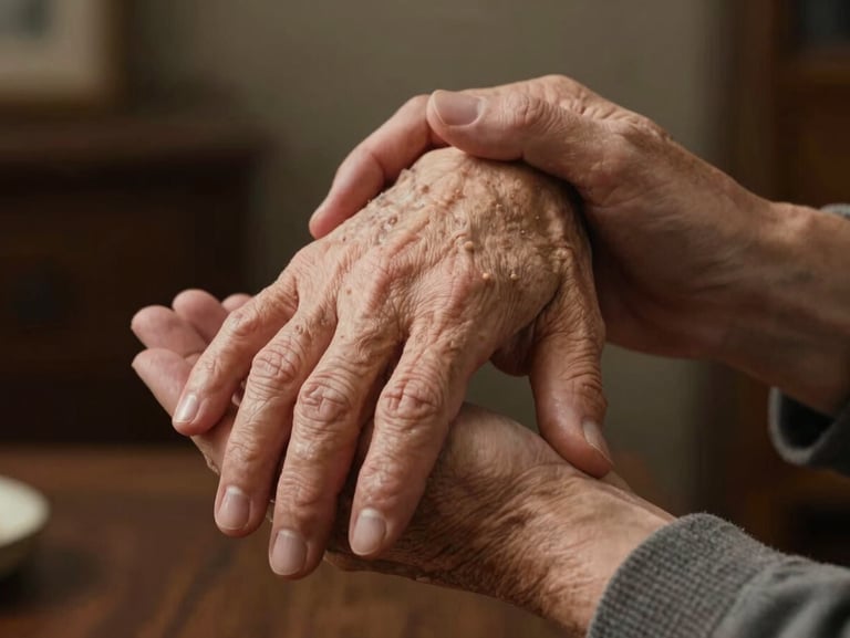 Close-up of hands gently holding an elderly hand, soft warm indoor lighting, dark cozy background
