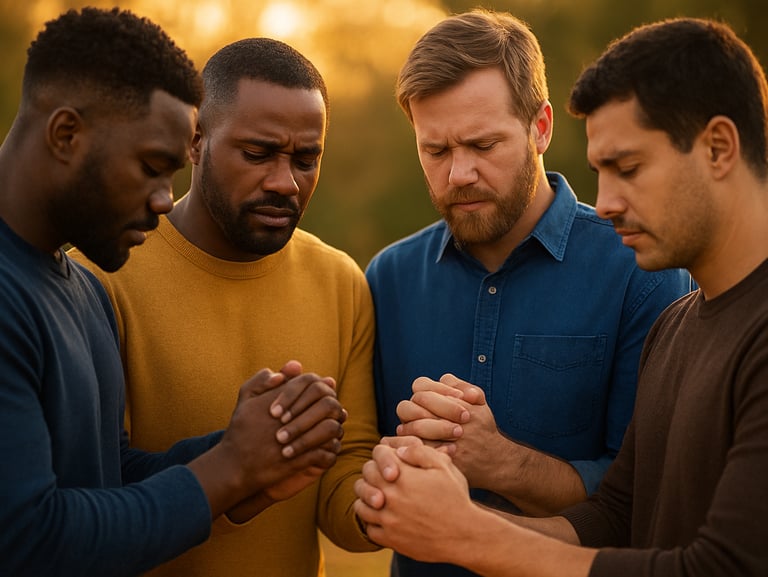Men of diverse backgrounds standing together in a circle, praying with expressive, supportive expressions, warm lighting