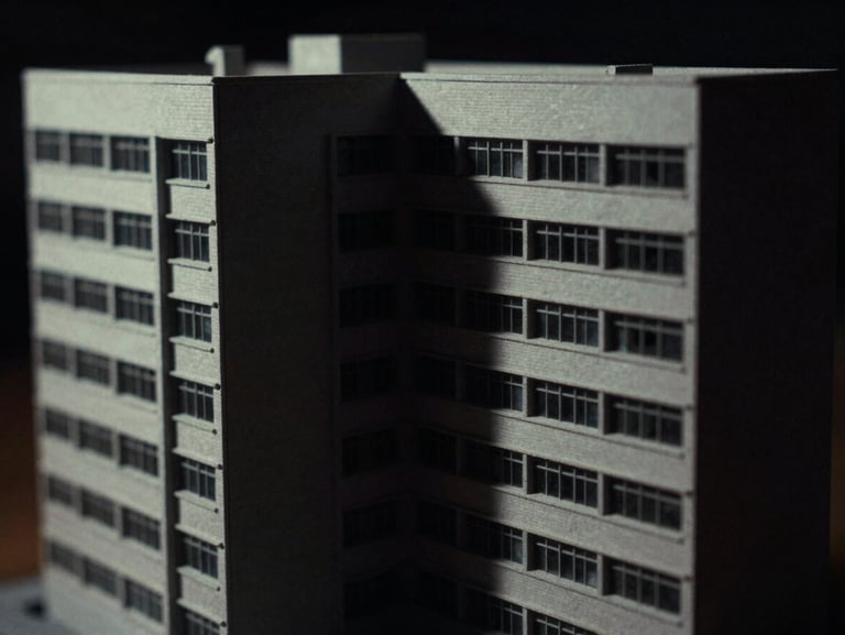 High-contrast close-up of a physical architectural scale model of a brutalist building, dramatic chiaroscuro shadows, graphite tones, dark cinematic film photography