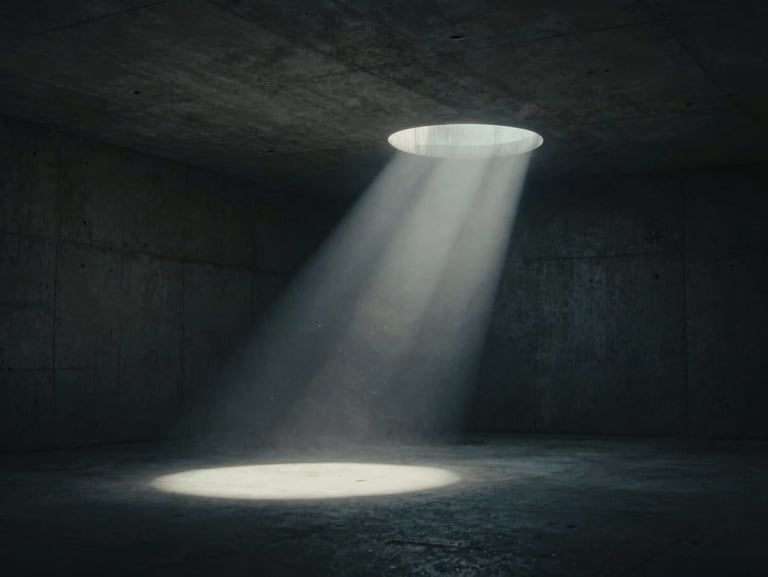 Wide anamorphic shot of a dark concrete interior with a single beam of cold white light cutting through dust motes, moody desaturated tones, cinematic film still