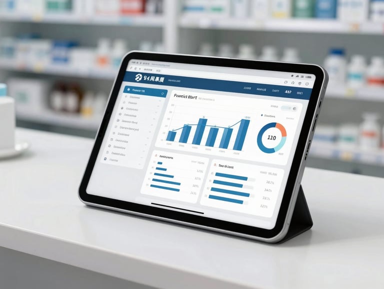 A professional close-up of a modern tablet displaying a clean business dashboard with sales charts and ERP metrics, resting on a clean white pharmacy counter, bright natural daylight.