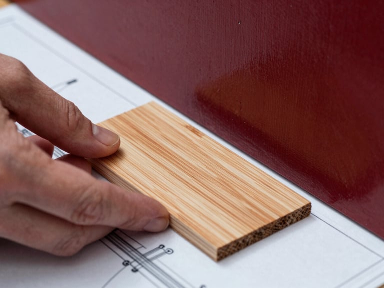 Macro close-up of hands matching a raw pine wood swatch against a deep crimson painted panel, architectural blueprint visible underneath, soft natural side light