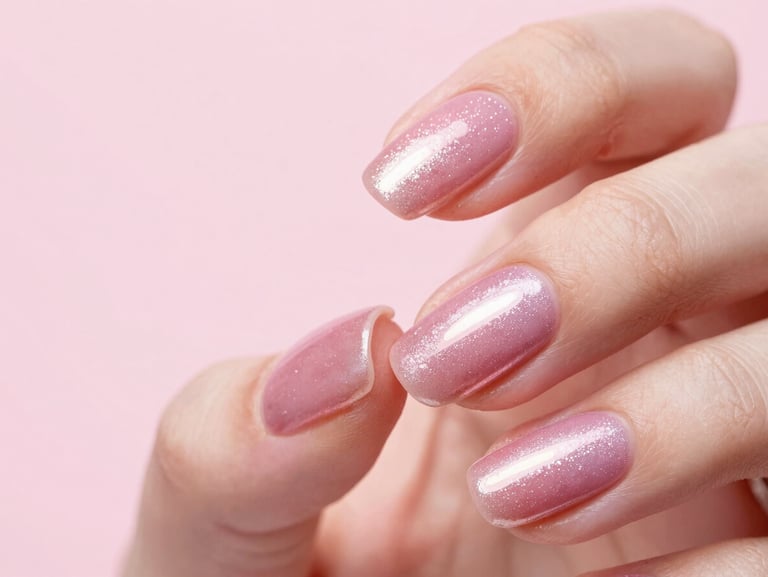 Macro shot of a manicured hand with shimmering pink chrome nails reflecting soft studio light, minimalist composition