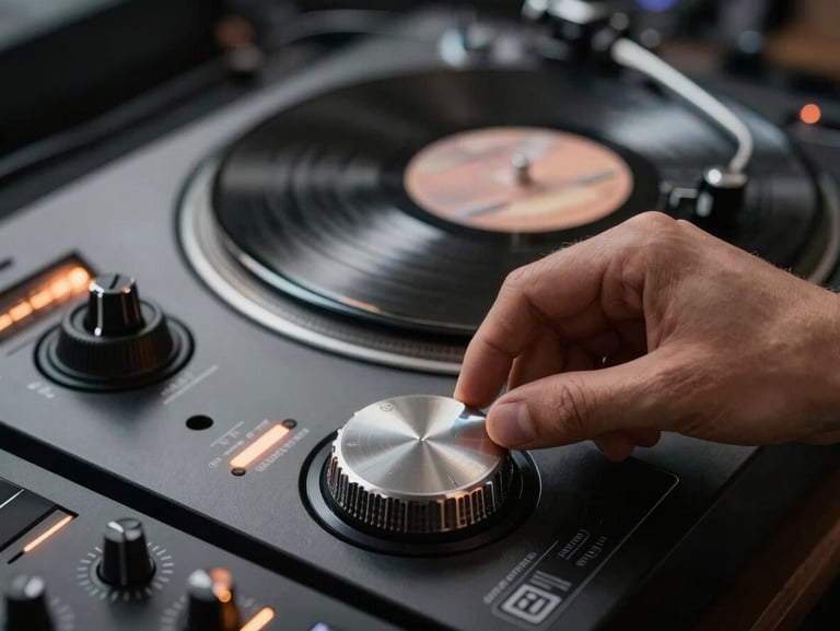 Close-up of hands adjusting a rotary mixer dial in a dark DJ booth, soft amber glow from the level meters, vinyl record spinning in the background