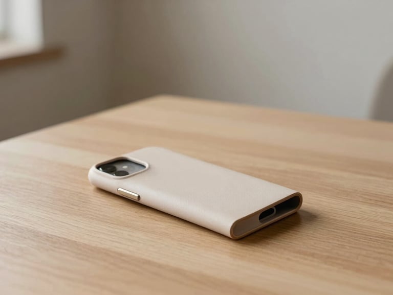 A minimalist leather phone sleeve resting on a clean wooden desk, soft shadows