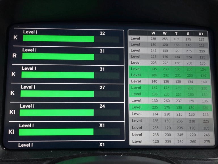 A crisp, high-fidelity dashboard interface displaying KKNI level progress bars from Level I to IX, clean emerald green data visualizations, and structured competency matrices on a dark background, professional and authoritative.